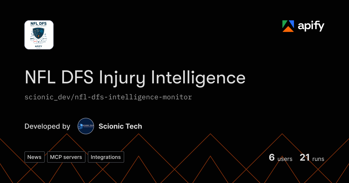 Fantasy Bookmark Examples NFL DFS Injury Tracker - Fantasy Football Data Scraper ยท Apify