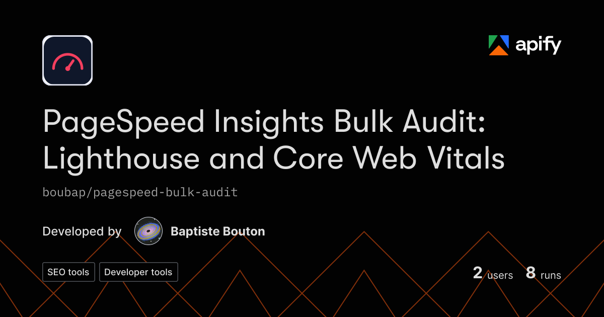 Website Or Code Output Icon Output · PageSpeed Bulk Audit: Lighthouse, Core Web Vitals · Apify